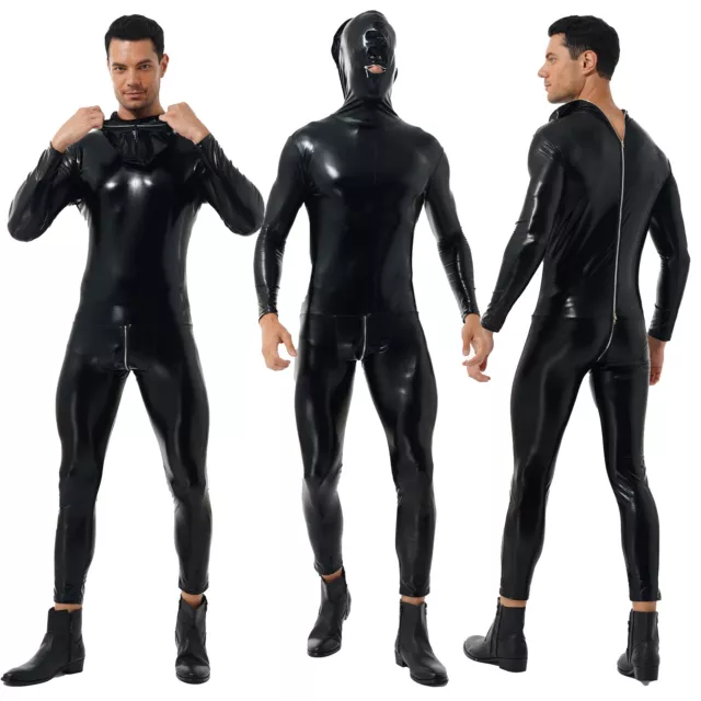 US Mens Long Sleeve Bodysuit Wet Look Leather Jumpsuit Catsuit Sexy Club-wear