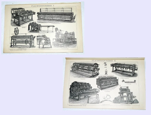 SPINNEREI Flachsspinnerei - Lithographie von 1908 – 114 Jahre ORIGINAL  Keine Ko