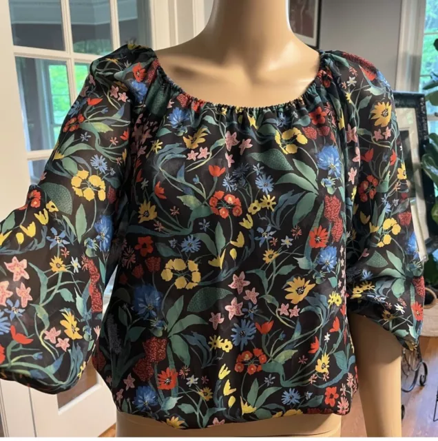 Alice & Olivia Alta Peasant Top in Chelsea Wildflower & Black Sz S EUC