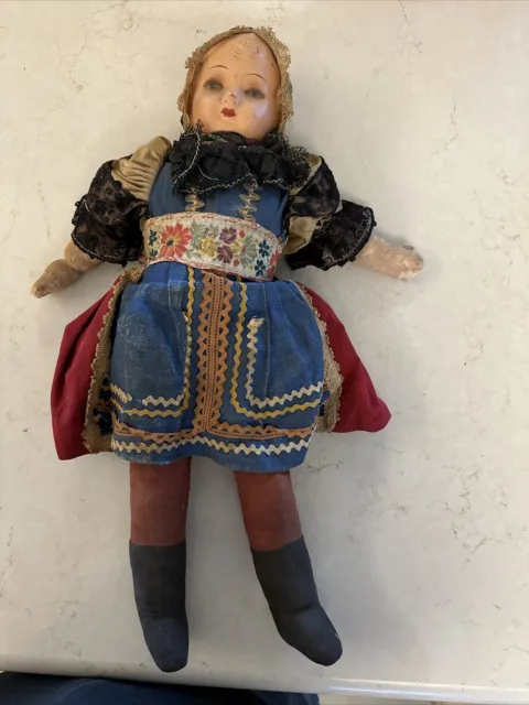Vintage German Cloth Doll 19” tall. Bisque Face Hand Painted Original Clothing