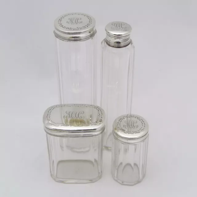 Antique Tiffany & Co. Makers Sterling Silver Cut Glass 4 Piece Dresser Jar Set Antique Tiffany & Co. Makers Sterling Silver Cut Glass 4 Piece Dresser Jar Set