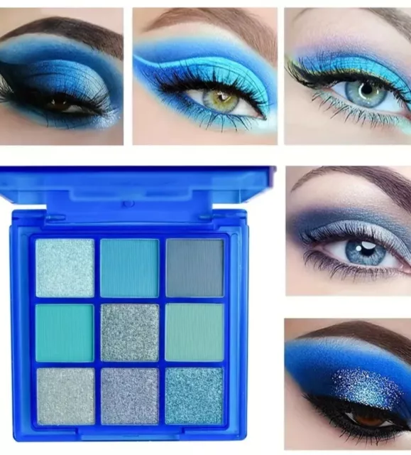 9-Farben Blue Matte Glitter Lidschatten Schimmer Glitzer Puder Palette