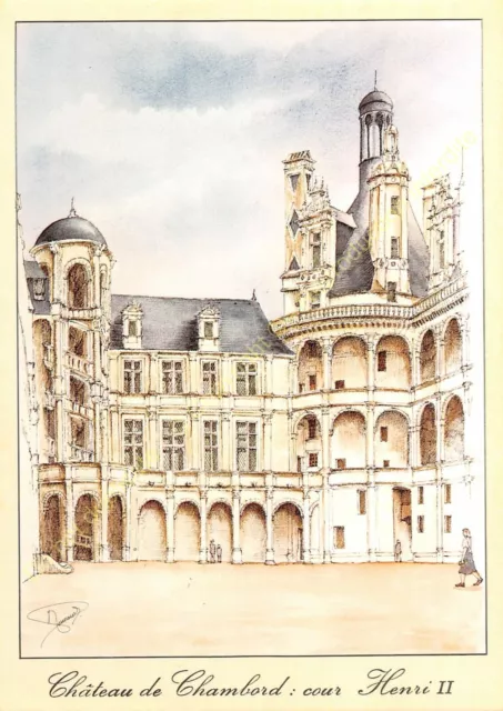 CP Postcard Illustration MICHEL PERREARD château de Chambord cour Henri II