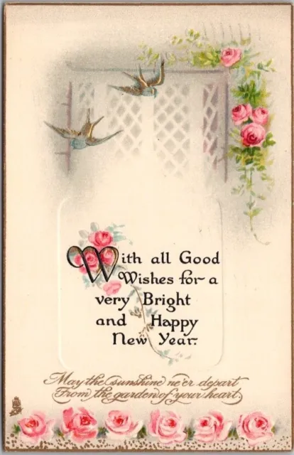 1912 Tuck's HAPPY NEW YEAR Embossed Postcard "With All Good Wishes" Pink Roses