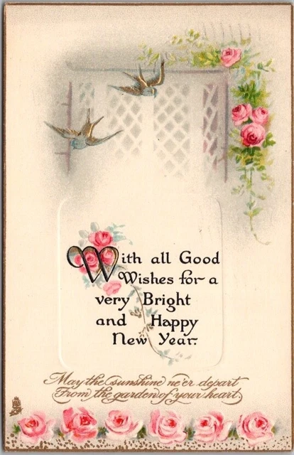 1912 Tuck's HAPPY NEW YEAR Embossed Postcard "With All Good Wishes" Pink Roses