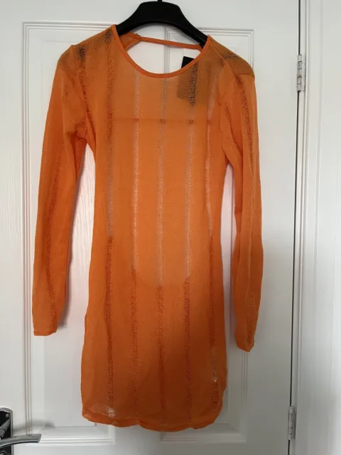 Pretty Little Thing Petite Orange Knitted Long Sleeve Ladder Detail Size 14