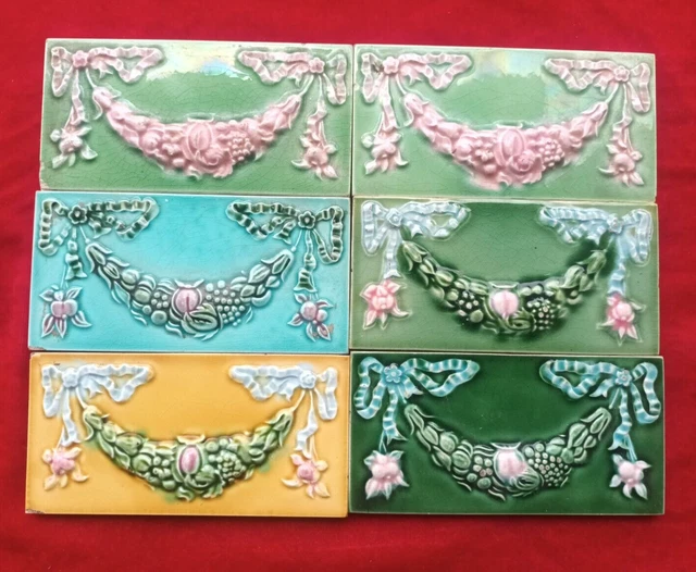 6 Piece Lot Old Art Flower Embossed Design Majolica Ceramic Tiles Japan 0424