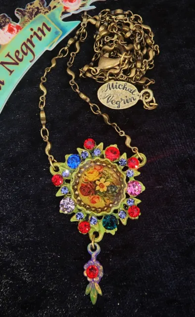 Michal Negrin Pendant Necklace Victorian Roses Cameo Multicolor Handmade Floral