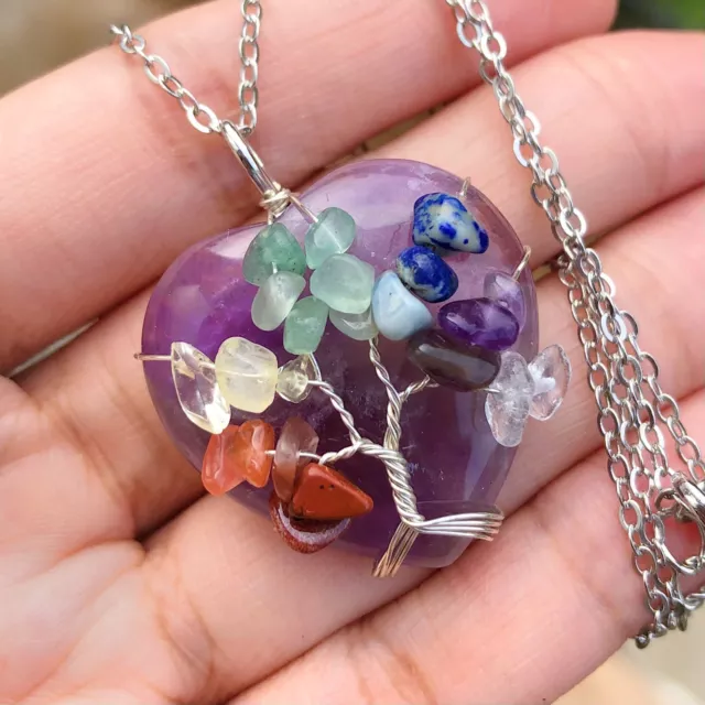 7 Chakra Amethyst Gem Stone Tree Of Life Heart Necklace Reiki Healing Amulet