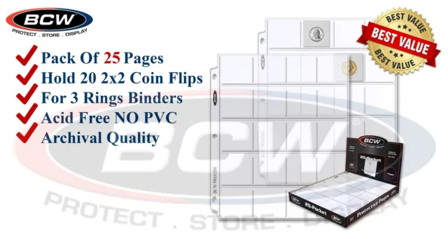 25 BCW Coin Pages 2x2 Pockets For Paper Flips Fit 3 Rings Binders PVC FREE New