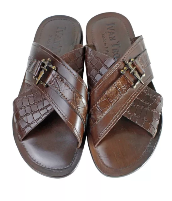 Leather Italian Sandals Mens Brown Genuine Leather Slip on Shoes Handmade Elhadj