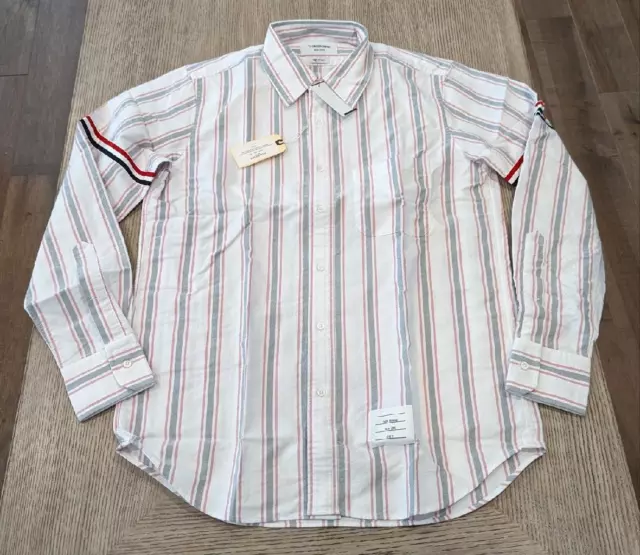 $650 Mens THOM BROWNE Striped LS Sport Shirt White/Faded Red/Navy 1 - Small