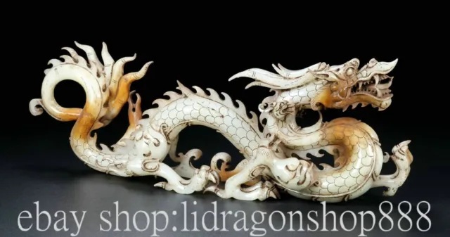12" Chinese Natural Hetian White Jade Carving Dragon Phoenix Statue Pair
