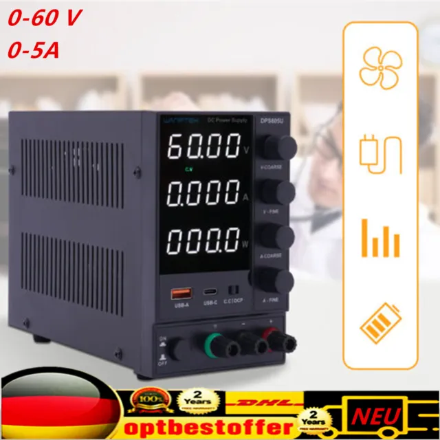 220V WANPTEK DC Power Supply 0-60V 5A Adjustable 0-30V 6A For Lab 4 Digits Neu