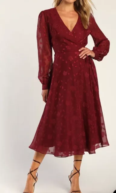Lulus Evening Of Elegance Wrap Dress Size XL Jacquard Burgundy Floral $108