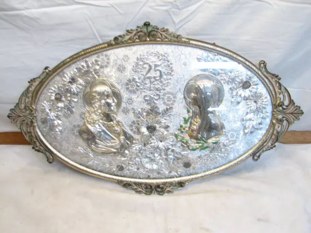 Vintage Foil Mary Jesus Religious Art Floral 25th Anniversary 3D Domed Framed