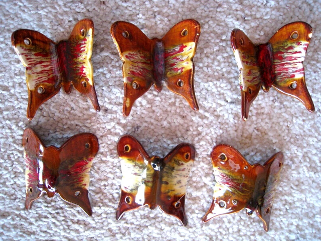 6 Vintage Butterfly Ceramic Macrame Beads Dark Orange Brown Red  Drip Glaze EUC