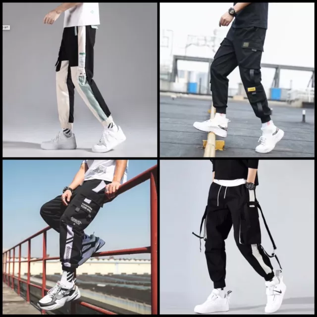 Jogging pantalon homme ruban poches streetwear bas survêtement hip hop bleu noir