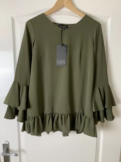 Nvee Khaki Green Crepe Double Frill Sleeve Blouse Top Size Small UK 8-10 BNWT 2