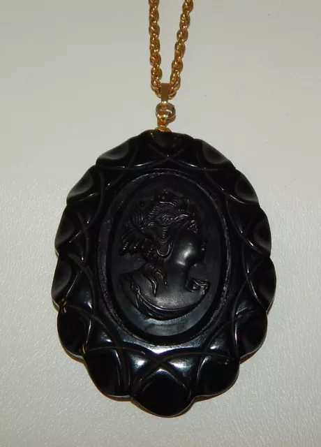 Large Art Deco Black Bakelite Carved Cameo Pendant Necklace