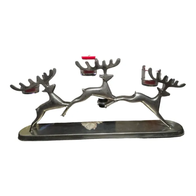 Three Leaping Reindeer and Glass Votive Candle Holder In Original Box