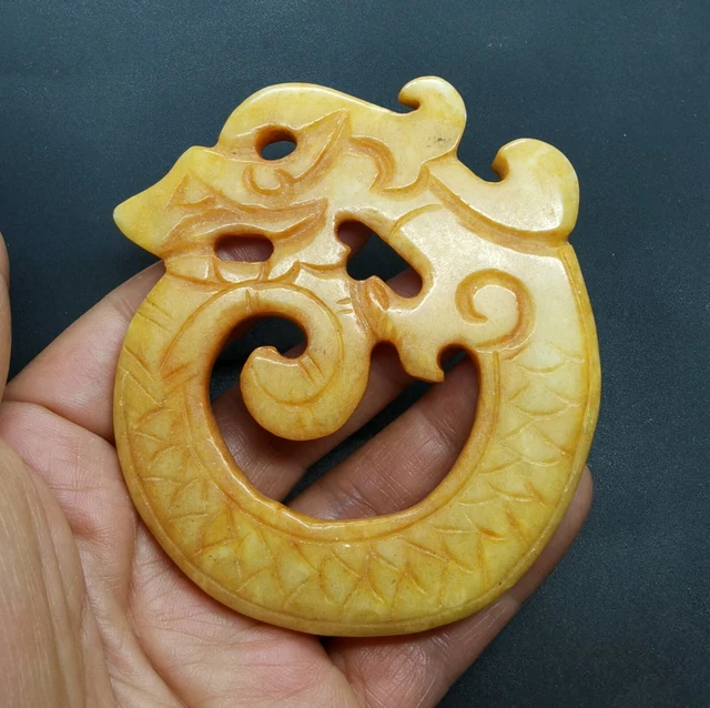 Chinese ancient Dragon yellow jade stone pendant,carved amulet necklace bead