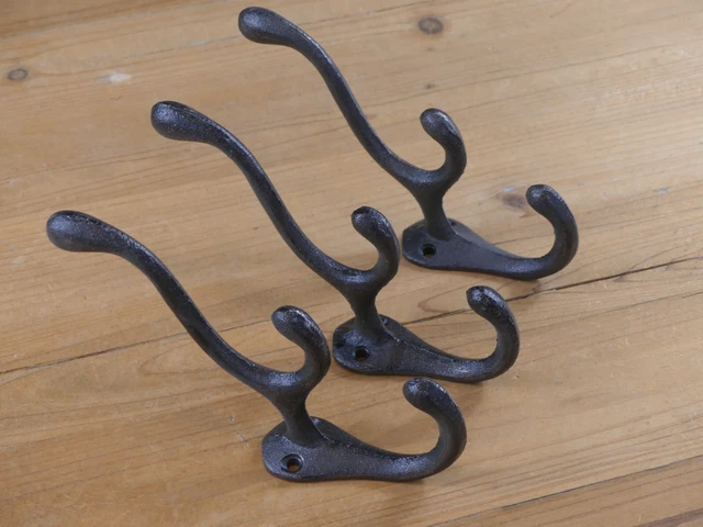 3 Cast Iron TRIPLE SCHOOL Style Coat Hooks Hat Hook Rack Hall Tree Tack Black