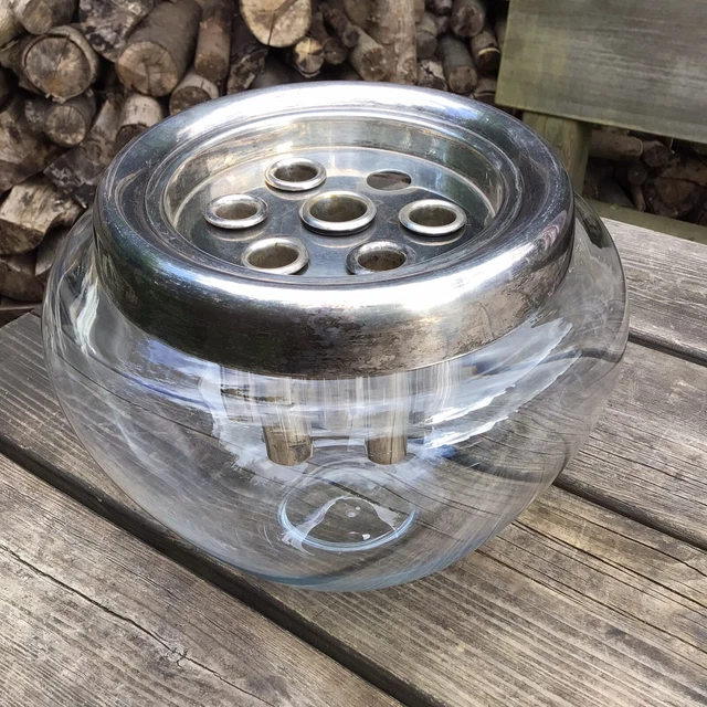 Vintage Italian Teghini Firenze 1970s Glass & Silver Plate Rose Bowl Vase AF