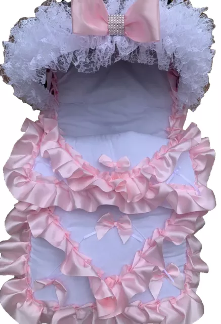 Romany Pram Pushchair - White Cosytoes Foot Muff + Hood Frill/Trim - Pink Ribbon