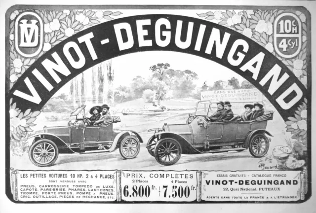 PUBLICITÉ DE PRESSE 1913 VINOT DEGUINGAND LES PETITES VOITURES 10 HP 2 et 4 PL