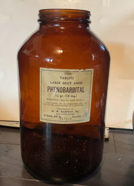 Vintage Large Amber Glass PHENOBARBITAL Pharmacy Bottle Empty 9” X 5”