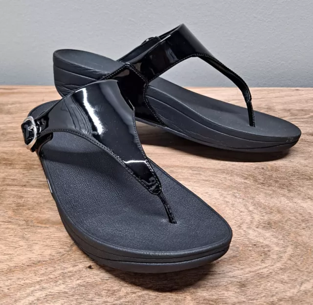Fitflop The Skinny Womens 10 Black Patent Leather Adjustable Thong Sandals