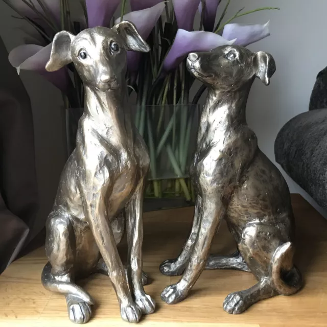 Pair of Bronze/ Gold Effect Standing Greyhound Whippet Dog Ornaments