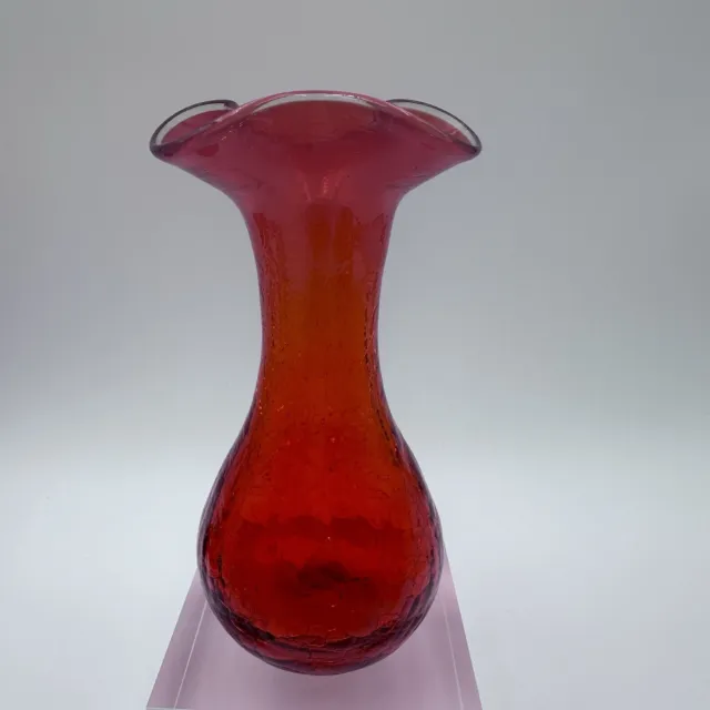 Pilgrim Hand Blown Crackle Glass Ruffled Top Vintage Vase