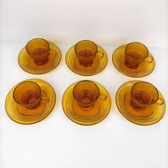 6 x Duralex Amber Ondine Espresso Coffee Cup & Saucer sets Vintage Glass France