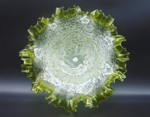 Harrach Antique Bohemian Green & Clear Overshot Crackle Art Glass 9" Brides Bowl