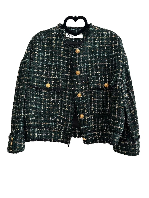 ZARA FEMME VESTE Bomber en Tweed Verte Multicolore Métallique