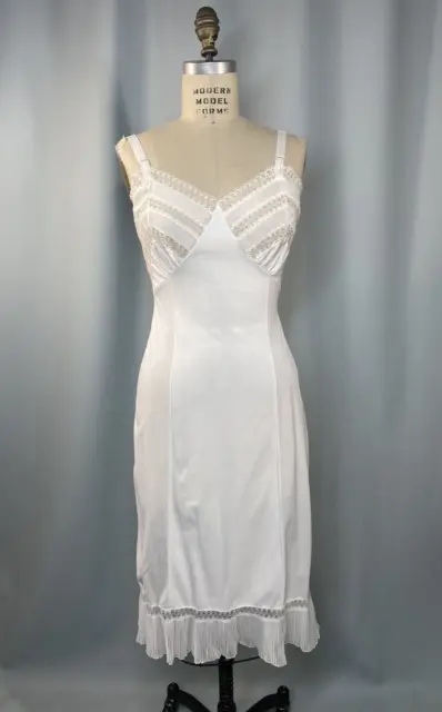 Vintage Slip SIZE 34 TALL white nylon mini pleat lace 50s 60s ADONNA pin up