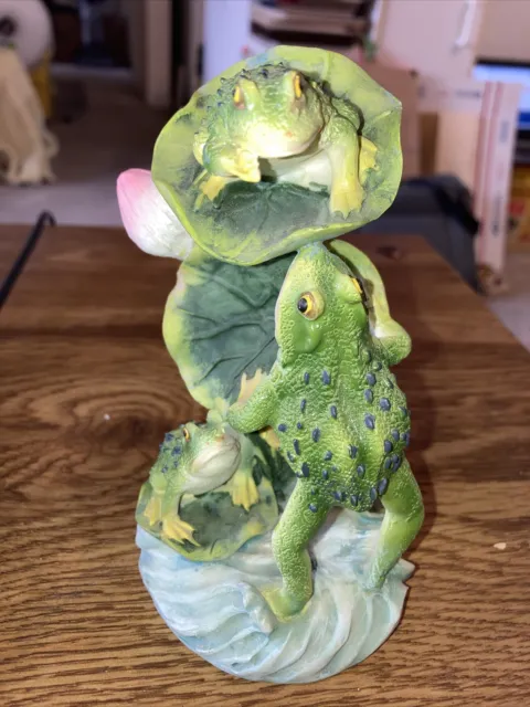 Whimsical Frogs on lily pads figurine , resin  5"T