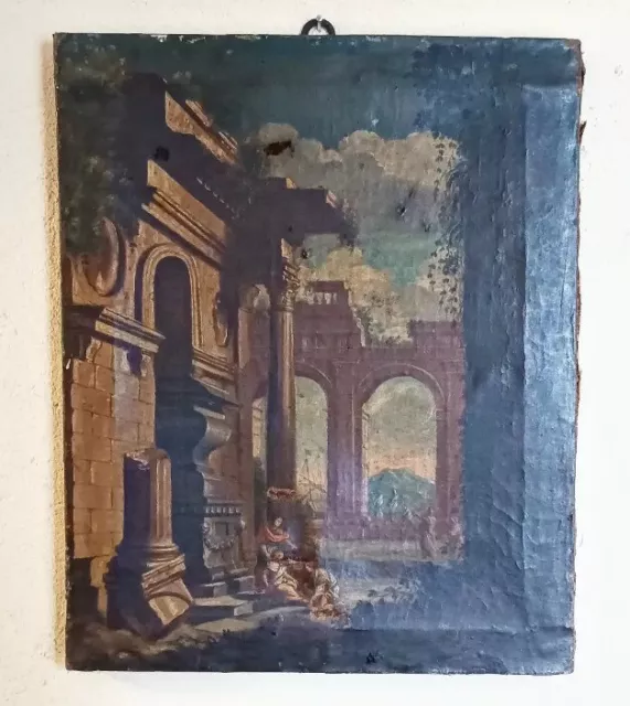 ANTIK Architektur Capriccio Ruinendarstellung Gemälde ÖL Leinwand 31x38 1743?