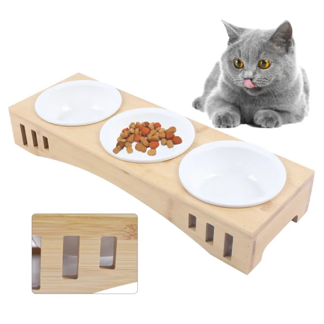 3 Pack Dog Cat Feeder Ceramic Bowls Bamboo Holders Food Water Elevated Stand US