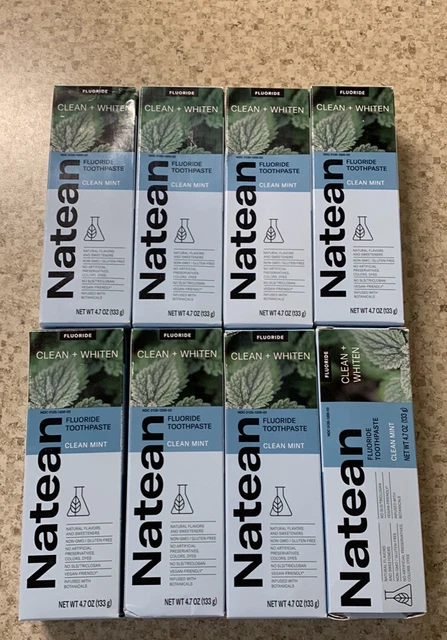 (8) Pasta dental Natean Clean + Blanquear flúor limpia como nueva 4,7 oz ea vegana