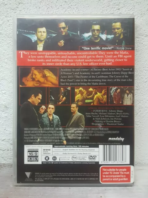 DONNIE BRASCO DVD 1997 Al Pacino Gangster Mob Movie Johnny Depp