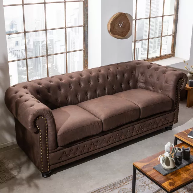 Chesterfield 3er Sofa 200cm Braun 3-Sitzer Federkern Mikrofaser Couch Zweisitzer