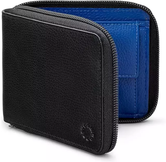 Leather Zip Around Black Wallet With RFID Blocking & Coin Pocket