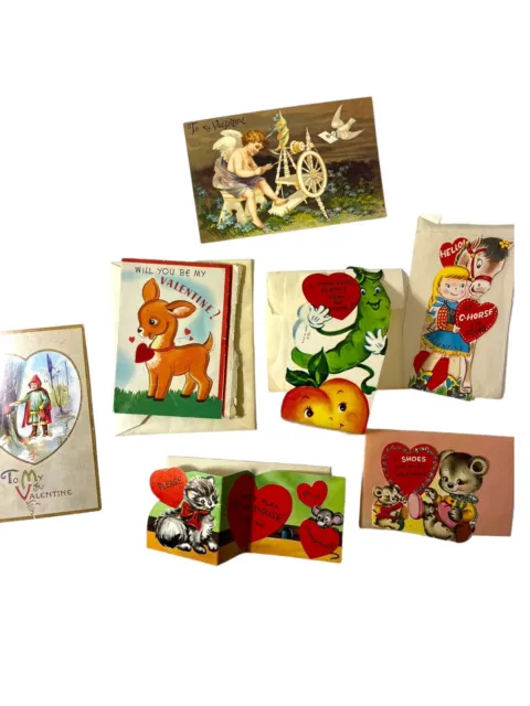 7 Vintage 1950s Childrens Cute Valentine Cards Postcard DieCut Lot w/ envelopes