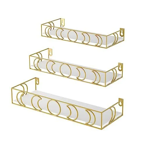Moon Phase Floating Shelf Gold, Set of 3 Small Shelves for Crystal Display,