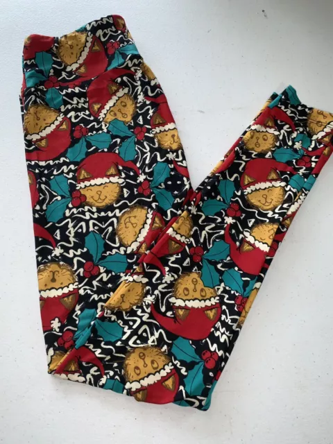 Lularoe OS Leggings Vintage Holiday Cat Head Faces Holly Mistletoe