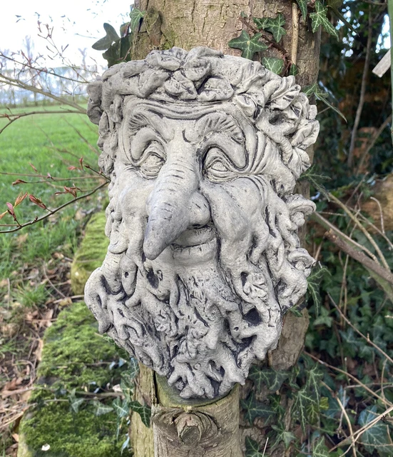 Mystical Garden Guardian: Green Man / Tree Man Stone Wall Plaque – Pagan Hanging Ornament