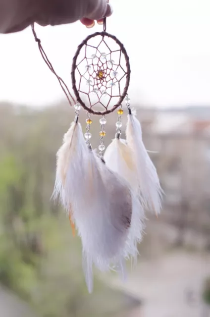 Beige White Dream Catcher Beaded Car Tan Wall Hanging Bead Ornament Feathers
